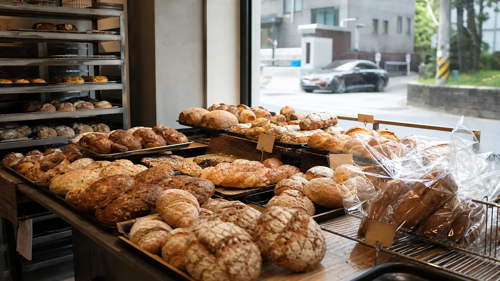강남 지역 bakery 방문 전 확인사항을 소개하는 사실적인 참고 이미지